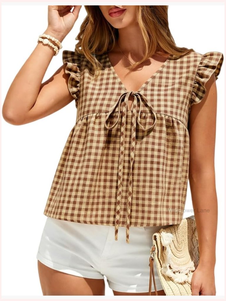 Linen Gingham Tank Tops For Women Summer Plaid Boho Babydoll Shirts V Neck